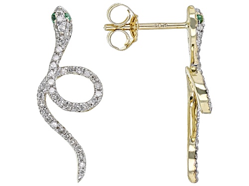 0.20ctw Round White Diamond With Round Emerald Accents 10k Yellow Gold Snake Drop Earrings