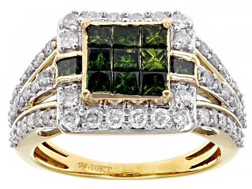 1.65ctw Princess Cut Green Diamond And Round White Diamond 10k Yellow Gold Quad Ring - Size 5