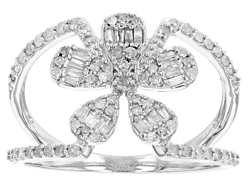 0.50ctw Round And Baguette White Diamond 10k White Gold Open Design Floral Ring - Size 5