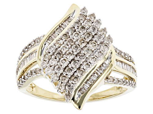 1.00ctw Round And Baguette Diamond 10k Yellow Gold Cluster Ring - Size 7