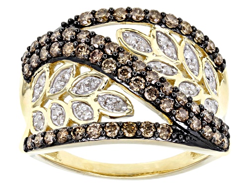 1.00ctw Round Champagne And White Diamond 10k Yellow Gold Leaf Design Ring - Size 5