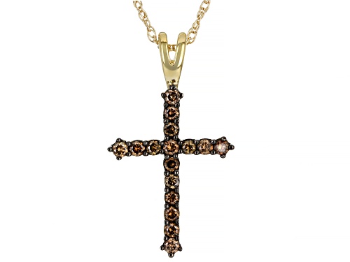 Photo of 0.33ctw Round Champagne Diamond 10k Yellow Gold Cross Pendant With 18" Rope Chain