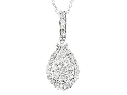 0.50ctw Round And Baguette White Diamond 10k White Gold Cluster Pendant With 18" Rope Chain