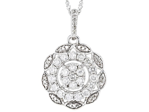 0.90ctw Round White Diamond 10k White Gold Cluster Pendant With 18" Singapore Chain