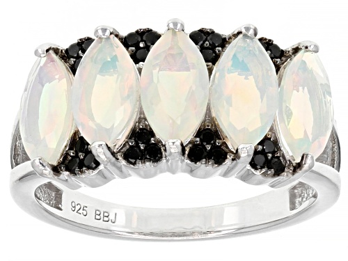 Photo of 1.48ctw Marquise Ethiopian Opal and 0.16ctw Round Black Spinel Rhodium Over Sterling Silver Ring - Size 7