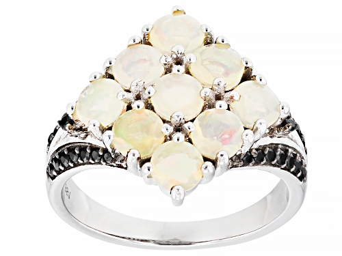 1.62ctw Round Ethiopian Opal and 0.16ctw Round Black Spinel Rhodium Over Sterling Silver Ring - Size 7