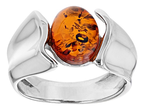 Photo of 10x8mm Oval Cabochon Cognac Amber Rhodium Over Sterling Silver Solitaire Ring - Size 6
