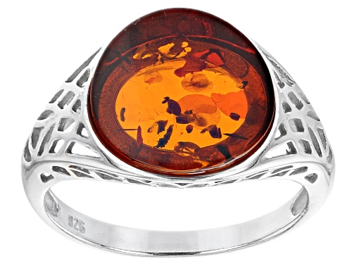 Photo of 12mm Round Cabochon Cognac Amber Rhodium Over Sterling Silver Ring - Size 7