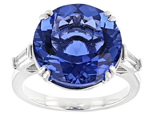 10.57ctw Round Blue Color Shift Fluorite With 0.63ctw Topaz Rhodium Over Sterling Silver Ring - Size 9