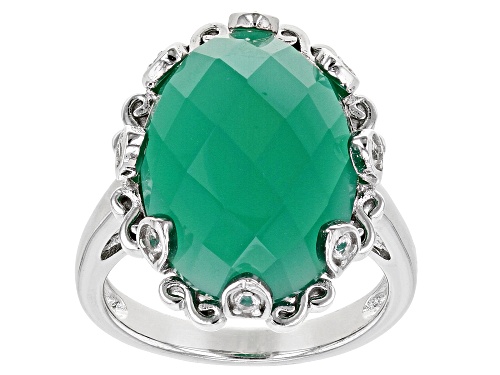Photo of 18x13mm Green Onyx With 0.14ctw White Topaz Rhodium Over Sterling Silver Ring - Size 9