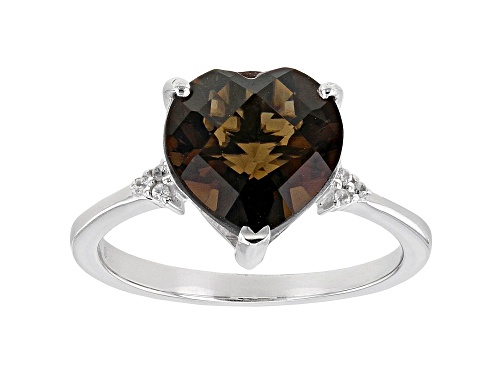 Photo of 2.62ct Heart Shaped Smoky Quartz With 0.03ctw Round White Zircon Rhodium Over Silver Ring - Size 9