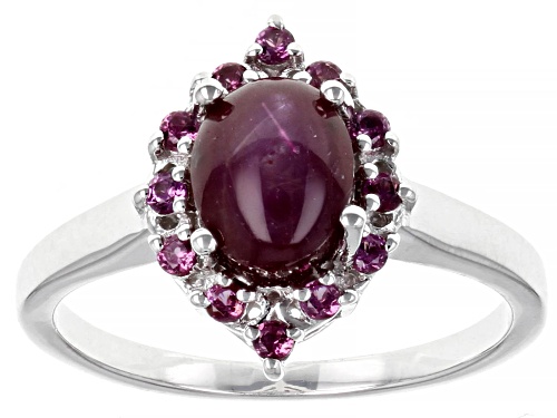 Photo of 2.96ctw Oval Cabochon Red Star Ruby With 0.31ctw Rhaspberry Color Rhodolite Sterling Silver Ring - Size 8