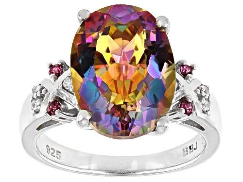 4.50ct Northern Lights™ Quartz With 0.10ctw Rhodolite And White Zircon Rhodium Over Silver Ring - Size 8