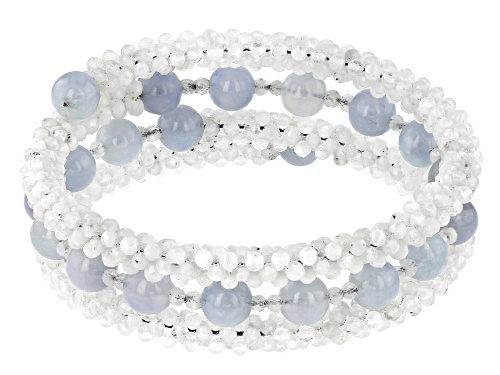 Photo of 2-2.5mm Rainbow Moonstone With 6mm Aquamarine Rhodium Over Sterling Silver Wrap Bracelet