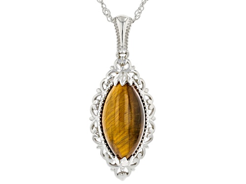 Photo of 20x10mm Marquise Cabochon Golden Tigers Eye Rhodium Over Silver Pendant Chain