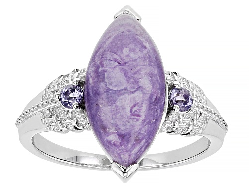 Photo of 16x8mm Marquise Charoite With 0.15ctw Round Tanzanite Rhodium Over Sterling Silver Ring - Size 7