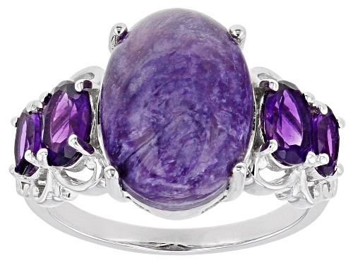 Photo of 14x10mm Oval Cabochon Charoite With 1.11ctw Oval Amethyst Rhodium Over Sterling Silver Ring - Size 7