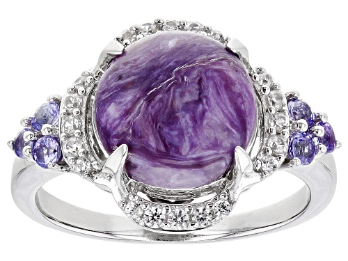 Photo of 10mm Round Charoite With 0.21ctw Tanzanite And 0.14ctw White Zircon Rhodium Over Silver Ring - Size 9