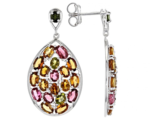 Photo of 6.91ctw Multi Color Tourmaline Rhodium Over Sterling Silver Dangle Earrings