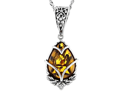 18x13mm Pear Shaped Amber Rhodium Over Sterling Silver Pendant With Chain