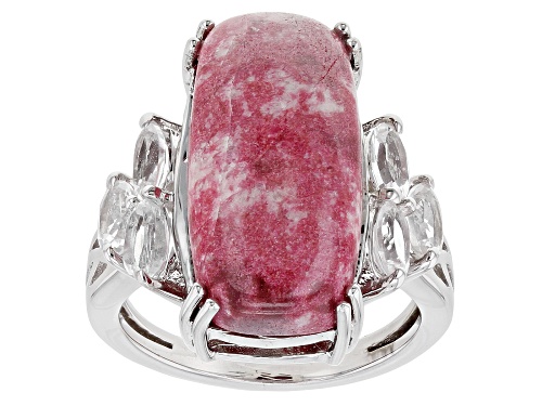 Photo of 20x10mm Rectangular Cushion Thulite With 1.63ctw White Topaz Rhodium Over Sterling Silver Ring - Size 7