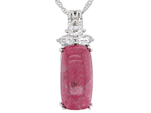 Photo of 20x10mm Thulite With 0.78ctw Oval White Topaz Rhodium Over Sterling Silver Pendant With Chain