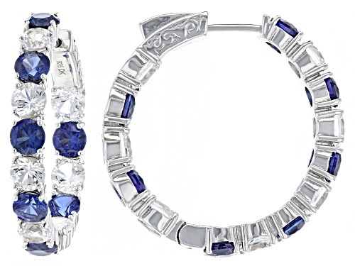 7.14ctw Lab Created Blue And 7.14ctw Lab White Sapphire Rhodium Over Sterling Silver Hoop Earrings