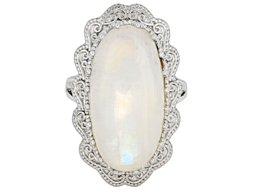 25x12mm Rainbow Moonstone Rhodium Over Sterling Silver Ring