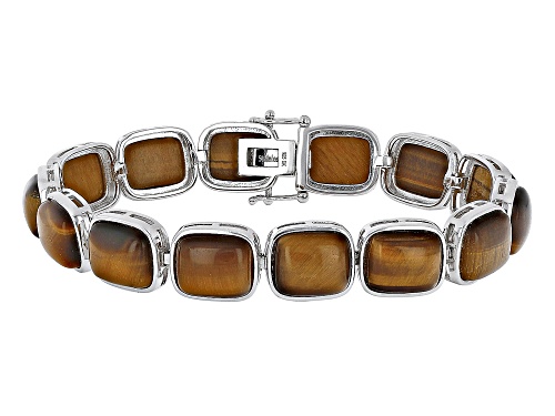 Photo of 12x10mm Tiger's Eye Rhodium Over Sterling Silver Bracelet - Size 8