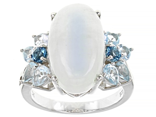 Rainbow Moonstone with 1.38ctw London Blue Topaz & Glacier Topaz™ Rhodium Over Silver Ring - Size 6