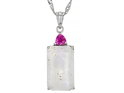 16x10mm Rainbow Moonstone And 0.23ctw Lab Pink Sapphire Rhodium Over Silver Pendant With Chain