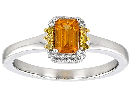 0.64ct Spessartite with 0.13ctw Yellow Diamond and White Zircon Rhodium Over Sterling Silver Ring - Size 9