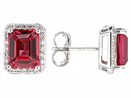 6.55ctw Lab Padparadscha Sapphire And 0.37ctw White Zircon Rhodium Over Sterling Silver Earrings