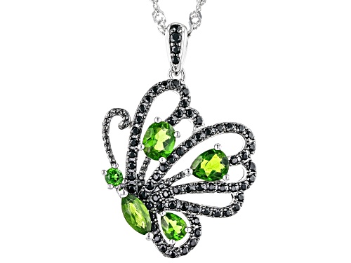 Photo of 1.04ctw Chrome Diopside And 0.47ctw Black Spinel Rhodium Over Silver Butterfly Pendant With Chain