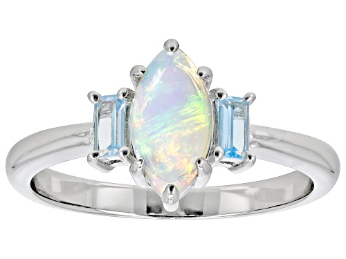 0.40ct Ethiopian Opal with 0.22ctw Swiss Blue Topaz Rhodium Over Sterling Silver 3-Stone Ring - Size 9