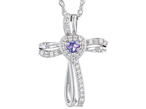 0.19ct Tanzanite And 0.29ctw White Zircon Rhodium Over Sterling Silver Cross Pendant With Chain