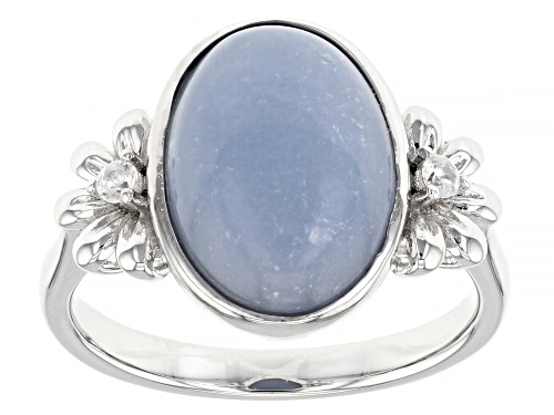 Photo of 14x10mm Angelite And 0.07ctw White Zircon Rhodium Over Sterling Silver Flower Ring - Size 7