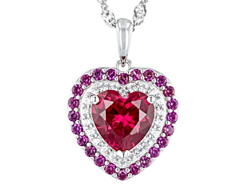 2.31ctw Lab Ruby and 0.20ctw White Zircon Rhodium Over Sterling Silver Heart Pendant with Chain