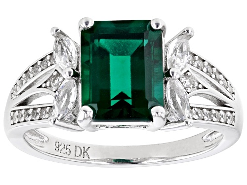 1.78ct Lab Emerald with 0.46ctw Lab White Sapphire & White Zircon Rhodium Over Sterling Silver Ring - Size 8