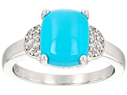 10x8mm Sleeping Beauty Turquoise And 0.13ctw White Zircon Rhodium Over Sterling Silver Ring - Size 9