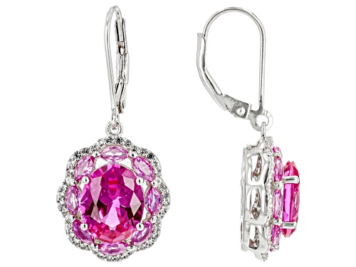7.14ctw Lab Pink Sapphire & 0.48ctw Lab White Sapphire Rhodium Over Sterling Silver Earrings