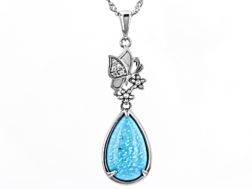 Blue Kingman Turquoise with 0.04ctw White Zircon Rhodium Over Sterling Silver Pendant with Chain