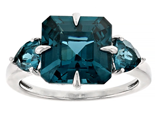 4.68ctw Asscher Cut Lab Created Teal Spinel Rhodium Over Sterling Silver Ring - Size 6