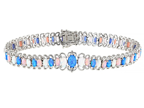 Blue, White, and Pink Lab Created Opal Rhodium Over Sterling Silver Tennis Bracelet - Size 8