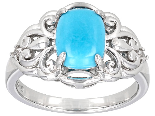 9x7mm Sleeping Beauty Turquoise with 0.03ctw White Zircon Rhodium Over Sterling Silver Ring - Size 9