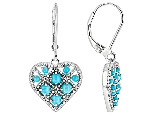 Blue Sleeping Beauty Turquoise with 0.03ctw White Zircon Rhodium Over Sterling Silver Heart Earrings
