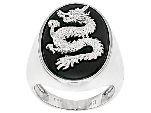 26x16mm Oval Black Onyx Rhodium Over Sterling Silver Men's Carved Dragon Ring - Size 10