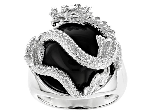 16mm Round Black Agate Rhodium Over Sterling Silver Dragon Ring - Size 6