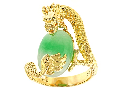 14x10mm Oval Green Jadeite 18k Yellow Gold Over Sterling Silver Dragon Ring - Size 10