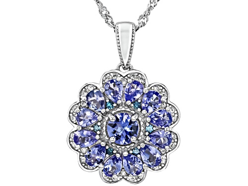 2.20ctw Tanzanite with 0.19ctw White Zircon & Blue Diamond Rhodium Over Silver Pendant with Chain
